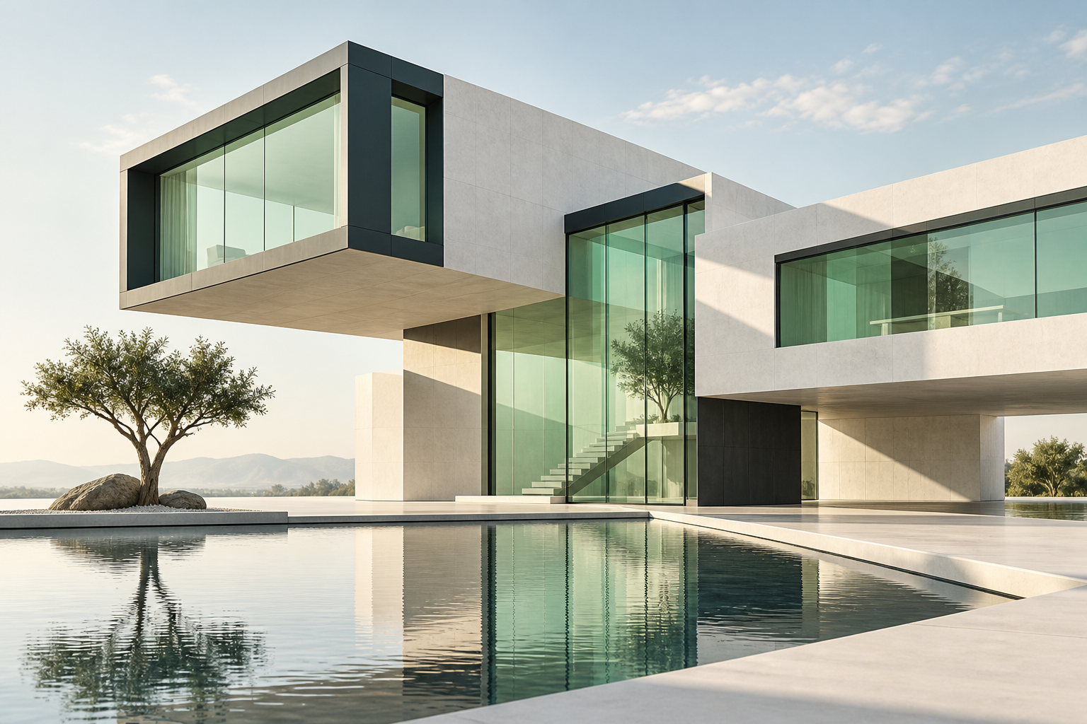Conceptual connected architecture in mint glass and ivory