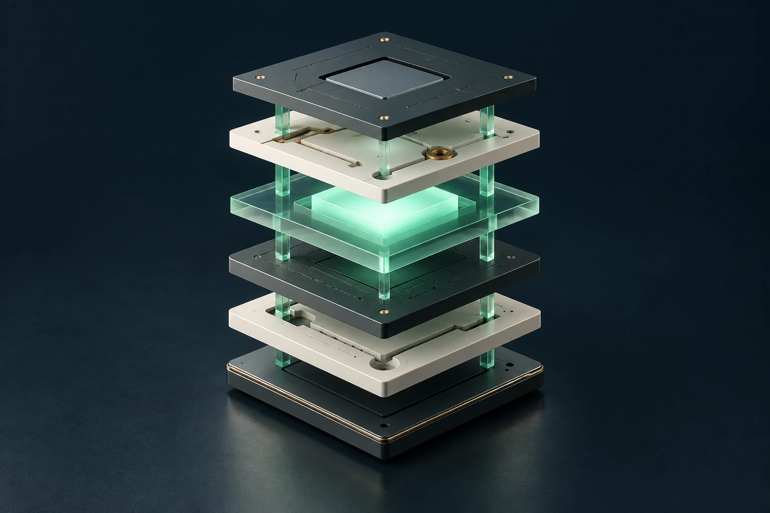 Exploded graphite and ivory platforms connected by mint glass columns