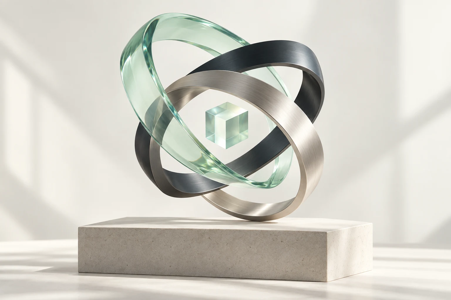 Nested mint glass and brushed metal ribbons around a luminous cube